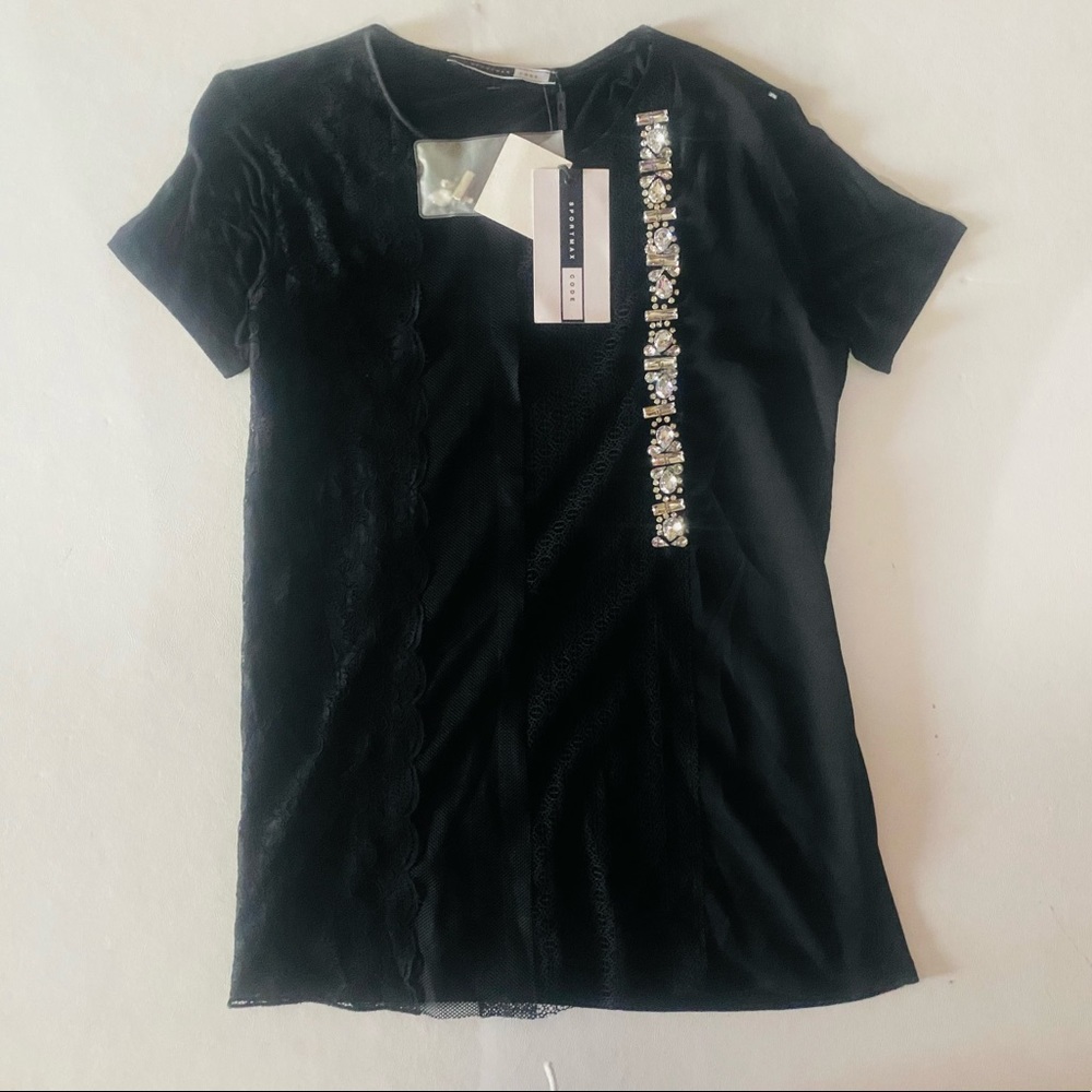 $425 SPORTMAX CODE Black Lace S/S Beaded Top Sz S